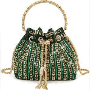 Green Diamante Bucket Handbag Rhinestone Clutch Purse Evening